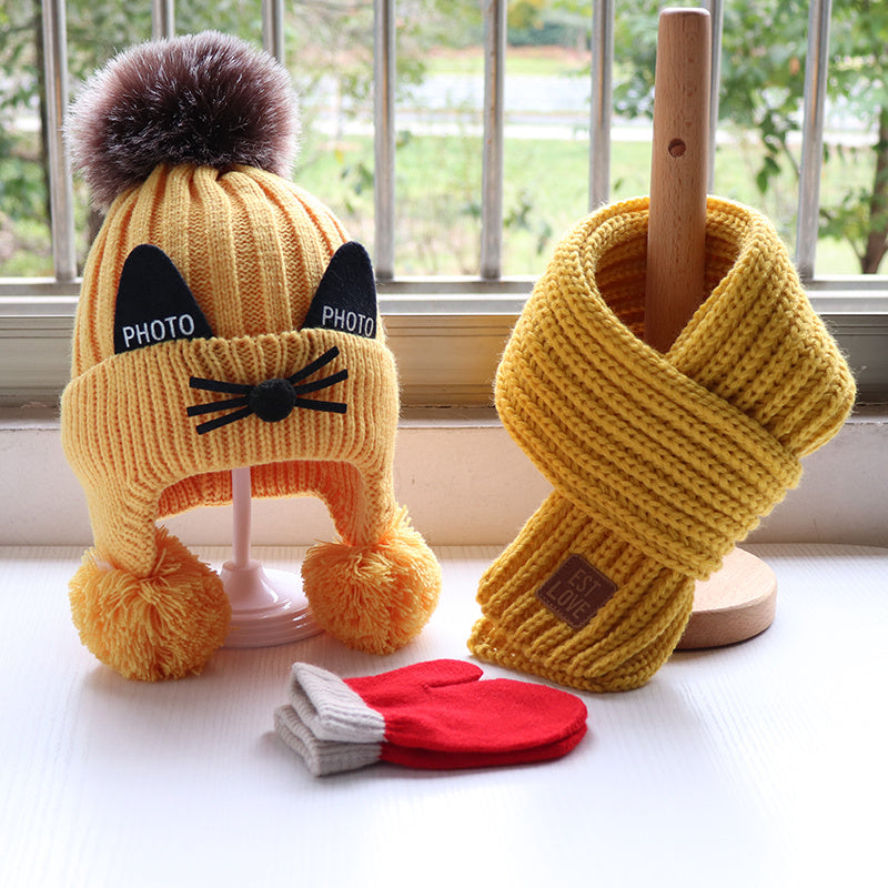 Hat Scarf Set Children Thicken Knitted Wool Hat Bib Gloves Cute Cat