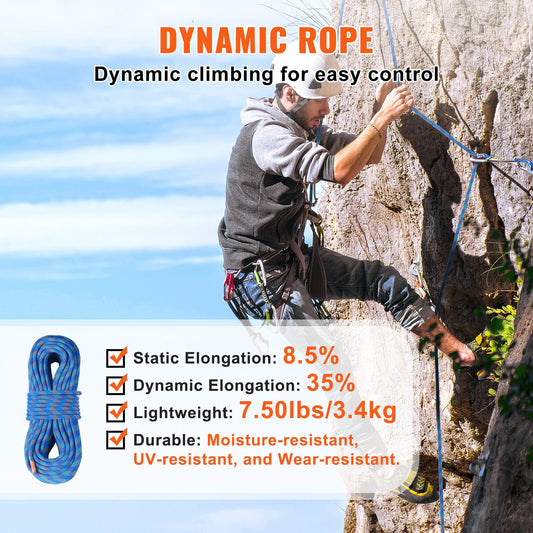 10.2mm Dynamic Climbing Rope, 50M 164ft Outdoor Rock Climbing Rope 25KN Breaking Tension, Stretchable Fiber Rope With Steel Snap Hooks For Escape, Rappelling, Fire Rescue, Blue