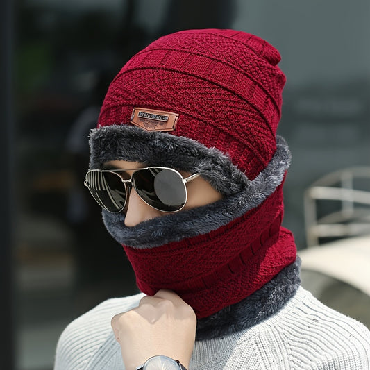2 Pcs Plus 1 Pair Winter Beanie Set - Men's Warm Knitted Accessories - Snow Hat, Scarf, and Gloves Combo for Cold Weather