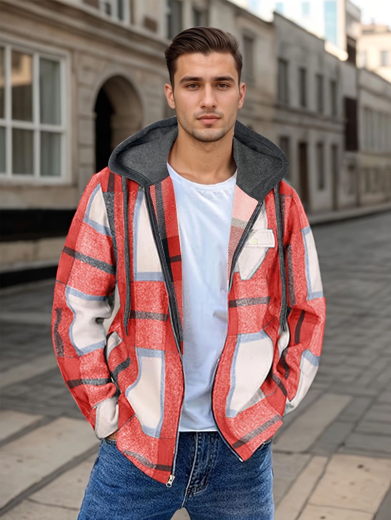Men's Flannel Jacket Zipper Hooded Jacket
