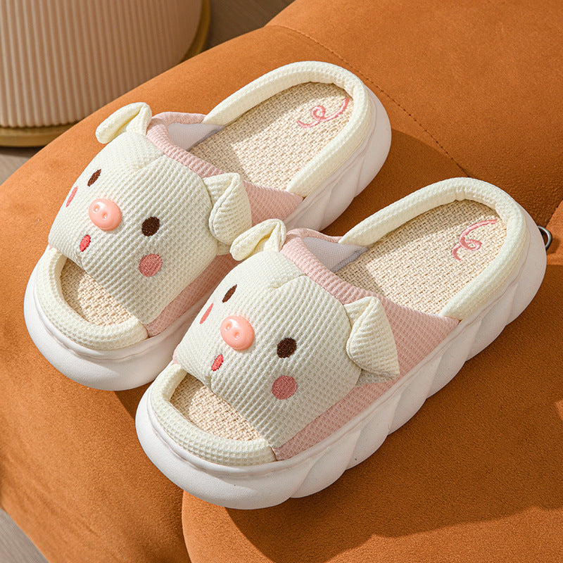 Piggy Cute Couple Open Toe Linen Cotton Linen Slippers