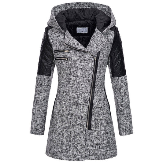 Women Warm Slim Full Zipper Coat Thick Woolen Coat Female Fall Winter Windbreaker Hooded Diagonal Zipper Women's Clothing