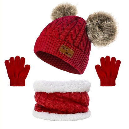 2pcs+1pair Autumn/Winter Knitted Hat, Neck Gaiter & Gloves Set With Fur Ball For Girls, Casual Going Out Beanie For Babies (1-3 Years)