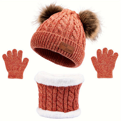 2pcs+1pair Autumn/Winter Knitted Hat, Neck Gaiter & Gloves Set With Fur Ball For Girls, Casual Going Out Beanie For Babies (1-3 Years)