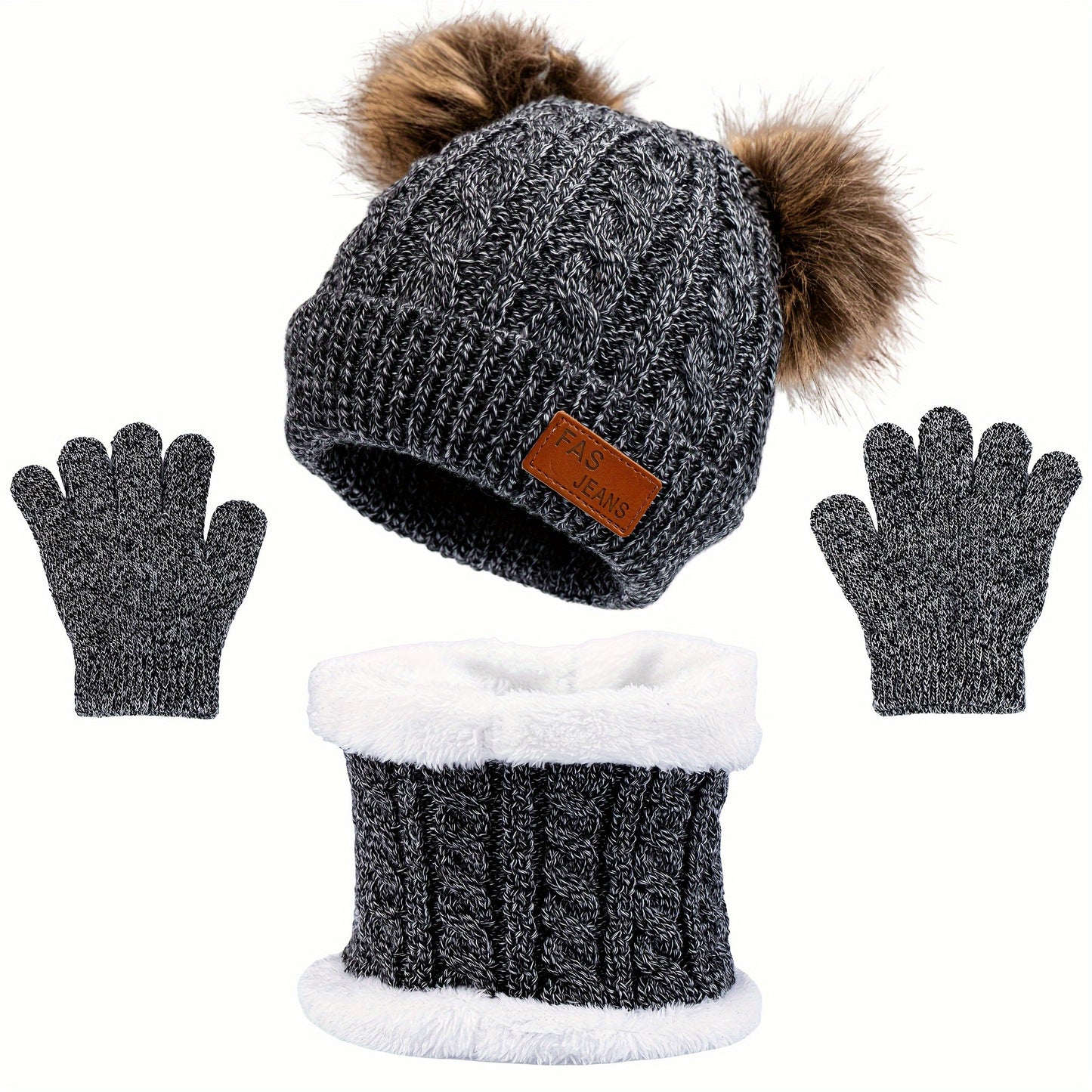2pcs+1pair Autumn/Winter Knitted Hat, Neck Gaiter & Gloves Set With Fur Ball For Girls, Casual Going Out Beanie For Babies (1-3 Years)