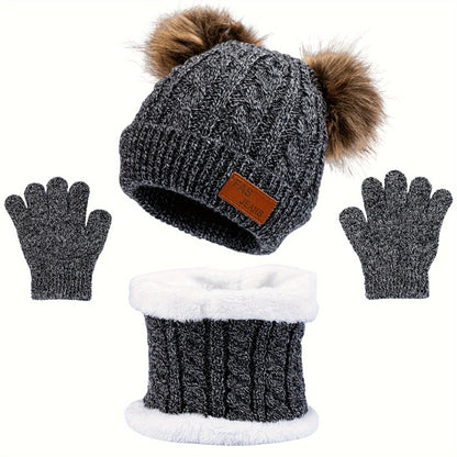 2pcs+1pair Autumn/Winter Knitted Hat, Neck Gaiter & Gloves Set With Fur Ball For Girls, Casual Going Out Beanie For Babies (1-3 Years)