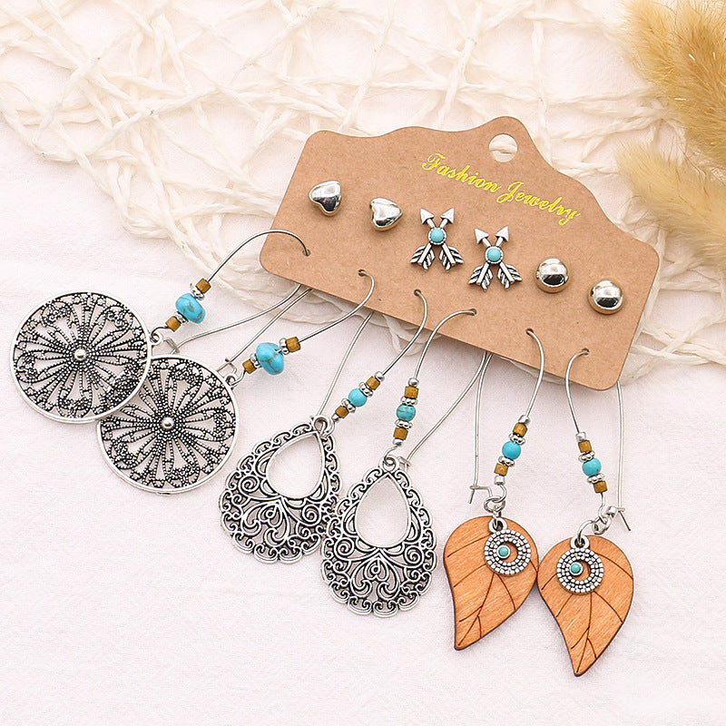 6-piece Earrings Leaf Wings Geometric Tassel Earrings Fashion Earrings