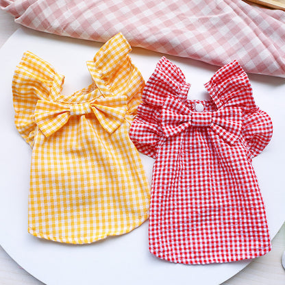 Pet Clothes Red Check Bowknot Pet Clothes Baby Shirt