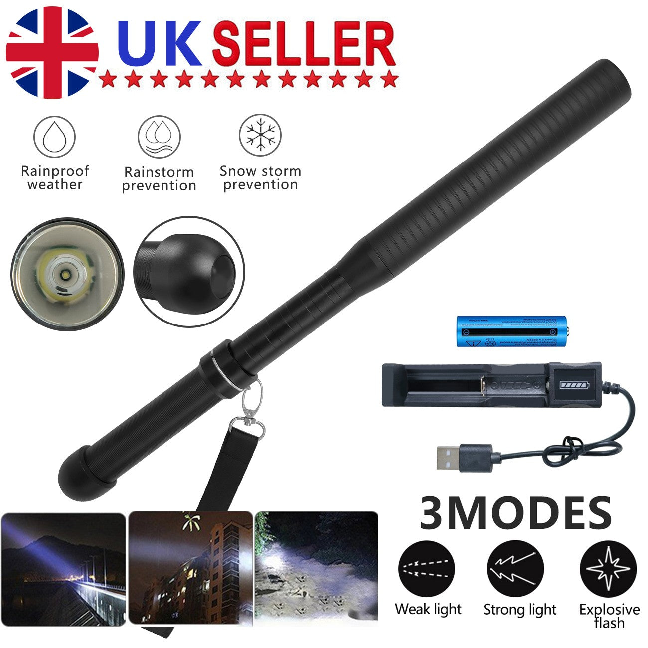 Baseball LED Flashlight Rechargeable Torch Spotlight Emergency Security Work Light 3 Lighting Modes