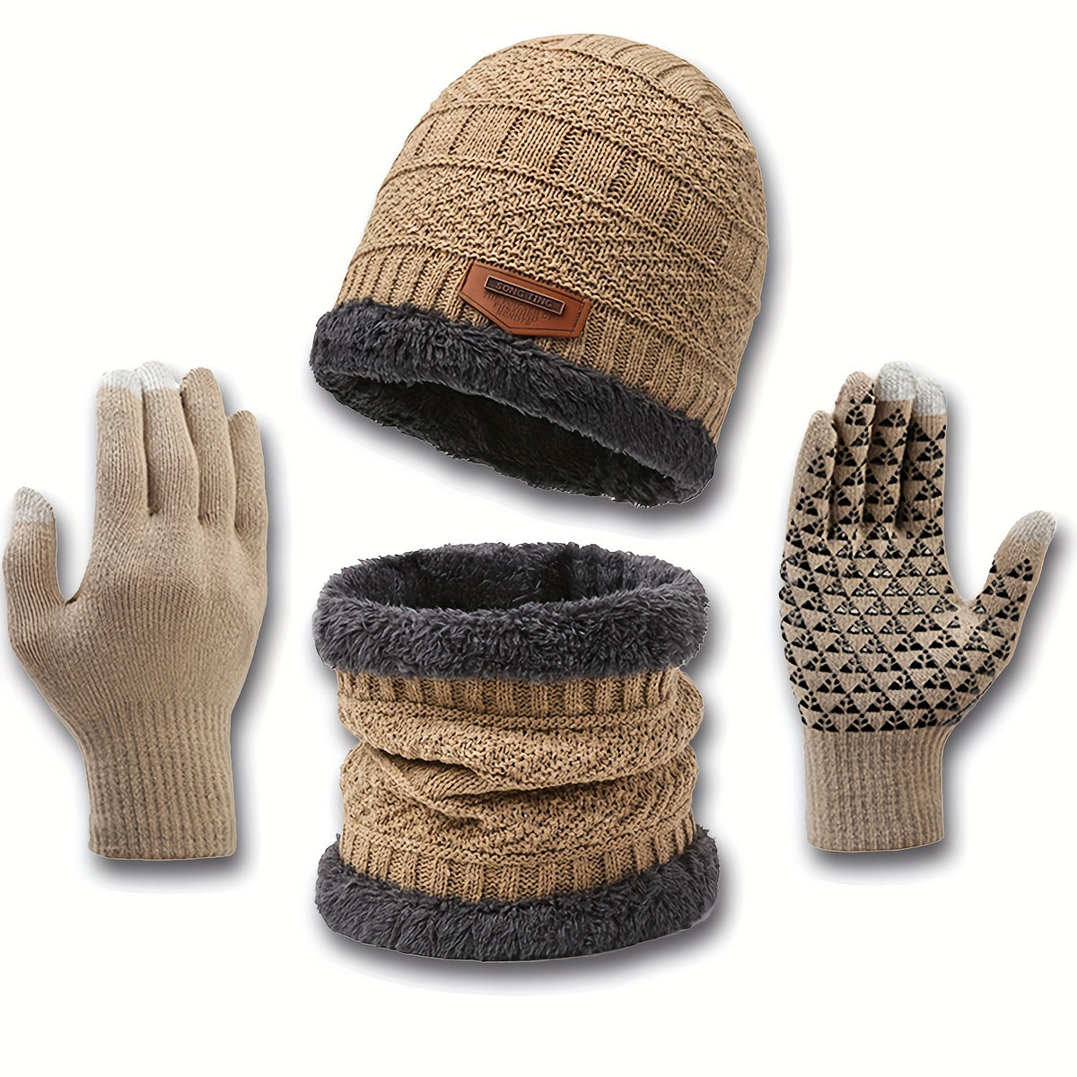 2 Pcs Plus 1 Pair Winter Beanie Set - Men's Warm Knitted Accessories - Snow Hat, Scarf, and Gloves Combo for Cold Weather