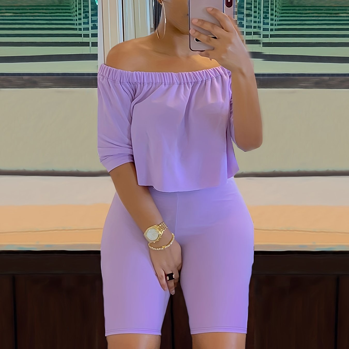 Sexy Solid Fashion Pantsuits Two-piece Set, Off Shoulder Short Sleeve Tops & Slim Shorts Set - Women's Clothing -