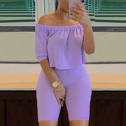 Sexy Solid Fashion Pantsuits Two-piece Set, Off Shoulder Short Sleeve Tops & Slim Shorts Set - Women's Clothing -