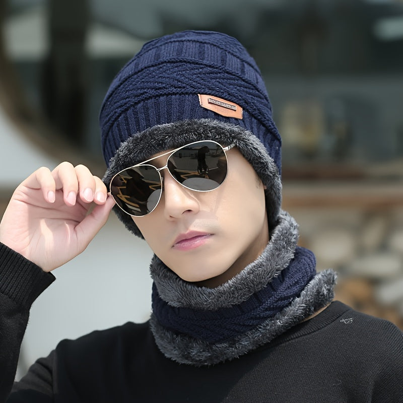 2 Pcs Plus 1 Pair Winter Beanie Set - Men's Warm Knitted Accessories - Snow Hat, Scarf, and Gloves Combo for Cold Weather