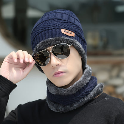 2 Pcs Plus 1 Pair Winter Beanie Set - Men's Warm Knitted Accessories - Snow Hat, Scarf, and Gloves Combo for Cold Weather