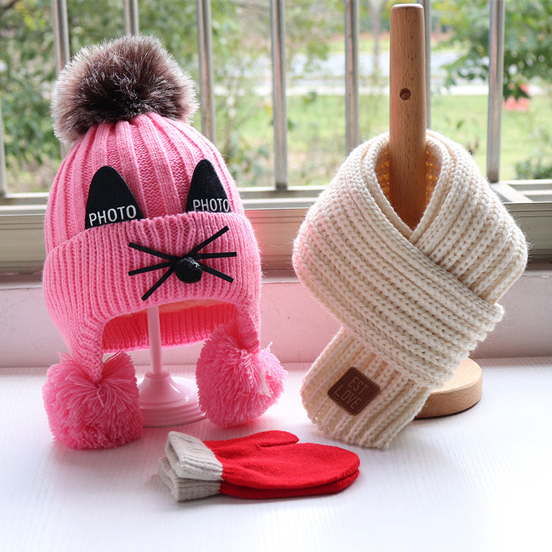 Hat Scarf Set Children Thicken Knitted Wool Hat Bib Gloves Cute Cat