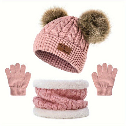 2pcs+1pair Autumn/Winter Knitted Hat, Neck Gaiter & Gloves Set With Fur Ball For Girls, Casual Going Out Beanie For Babies (1-3 Years)