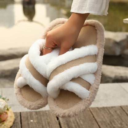 Fluffy Slippers Cross Strap Stitching Warm Casual Platform Slippers