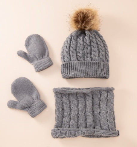 New Wool Single Color Twist Warm Children Hat Scarf Gloves
