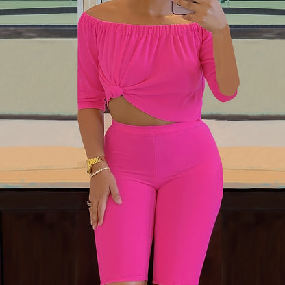 Sexy Solid Fashion Pantsuits Two-piece Set, Off Shoulder Short Sleeve Tops & Slim Shorts Set - Women's Clothing -