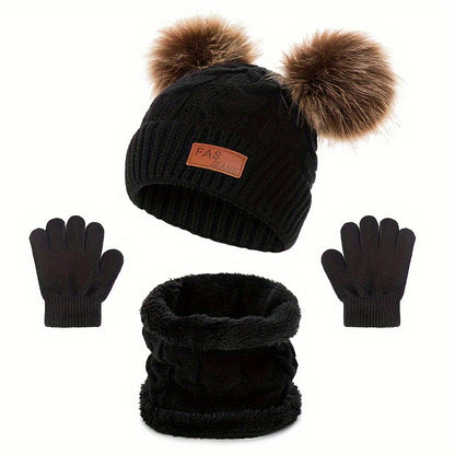 2pcs+1pair Autumn/Winter Knitted Hat, Neck Gaiter & Gloves Set With Fur Ball For Girls, Casual Going Out Beanie For Babies (1-3 Years)