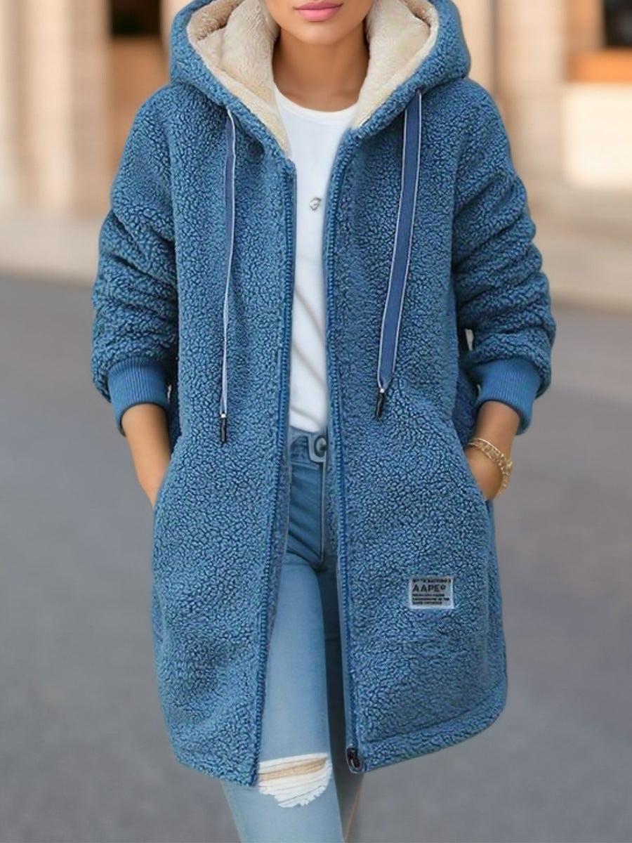 Winter Fleece Hooded Jacket Fashion Casual Zip-up Pockets Long Sweatshirt Warm Commuter Women's Clothing
