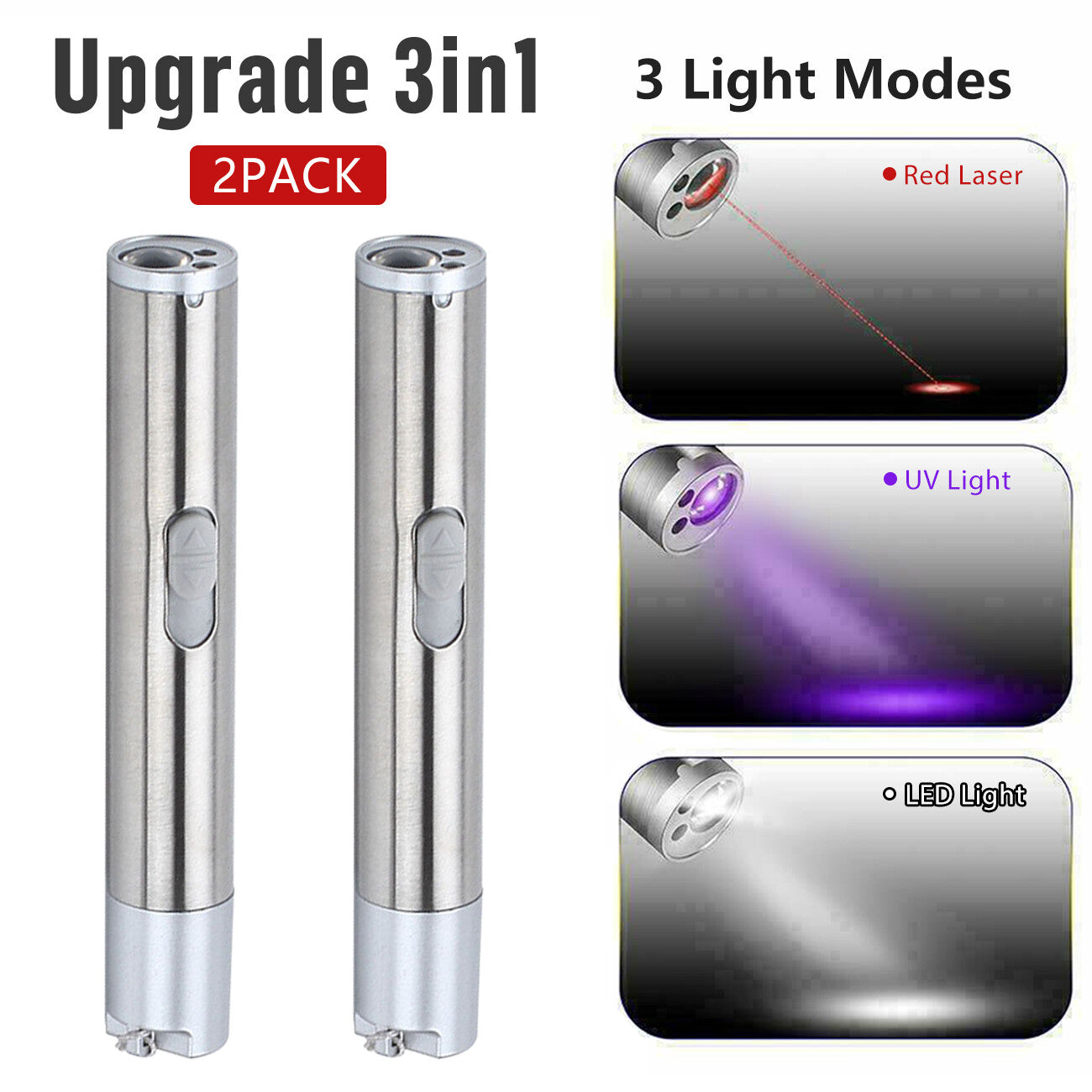 Red Laser Pointer Pen USB Rechargeable LED Torch Light 3 In 1 UV Flashlight 2pcs Cat Dog Toys