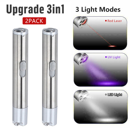 Red Laser Pointer Pen USB Rechargeable LED Torch Light 3 In 1 UV Flashlight 2pcs Cat Dog Toys