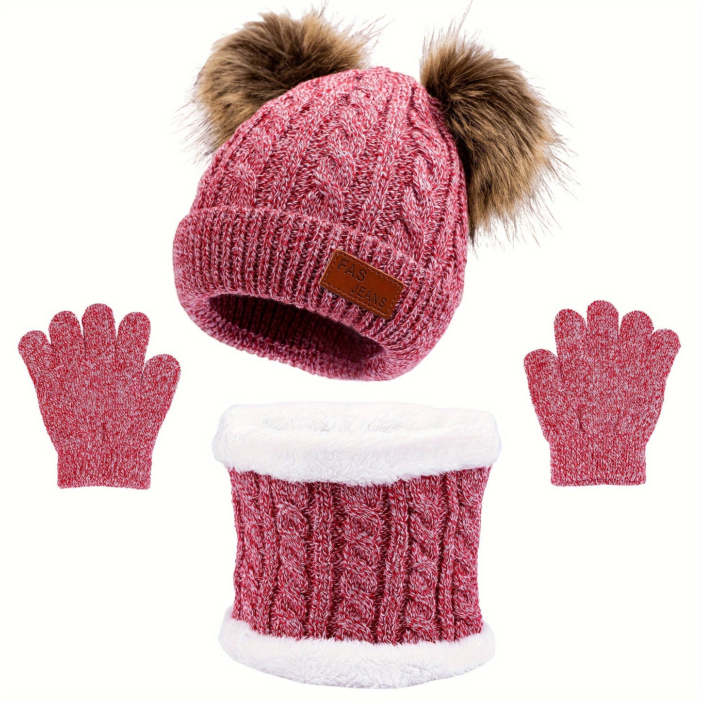 2pcs+1pair Autumn/Winter Knitted Hat, Neck Gaiter & Gloves Set With Fur Ball For Girls, Casual Going Out Beanie For Babies (1-3 Years)