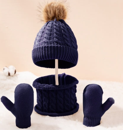 New Wool Single Color Twist Warm Children Hat Scarf Gloves