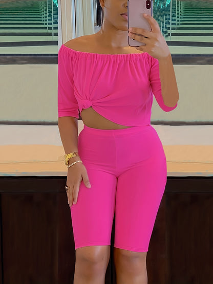 Sexy Solid Fashion Pantsuits Two-piece Set, Off Shoulder Short Sleeve Tops & Slim Shorts Set - Women's Clothing -