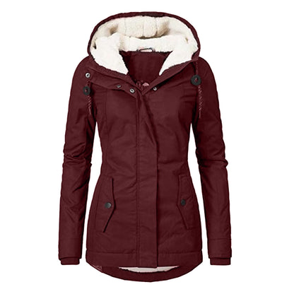 Winter Hooded Jacket Solid Color Warm Buckle Zip-up Fleece Jacket With Pockets Women's Casual Jacket