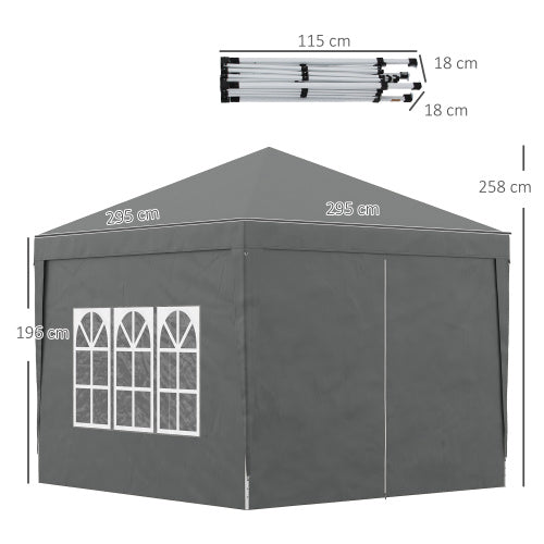 Outsunny 3 X 3 Meters Pop Up Water Resistant Gazebo Wedding Camping Party Tent Canopy Marquee With Carry Bag And 2 Windows, Grey
