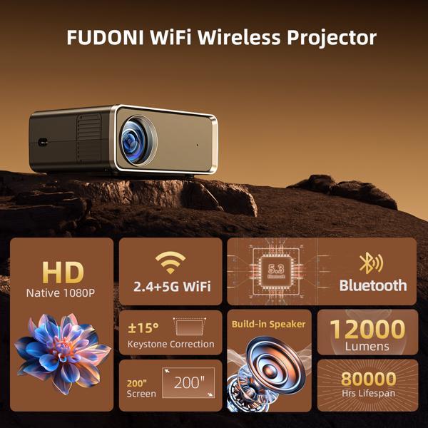 Projector With WiFi & Bluetooth, Upgraded 5G Portable Projector, Support 4K, Native 1080P, 12000 Lumens, Outdoor LED Movie Projector.