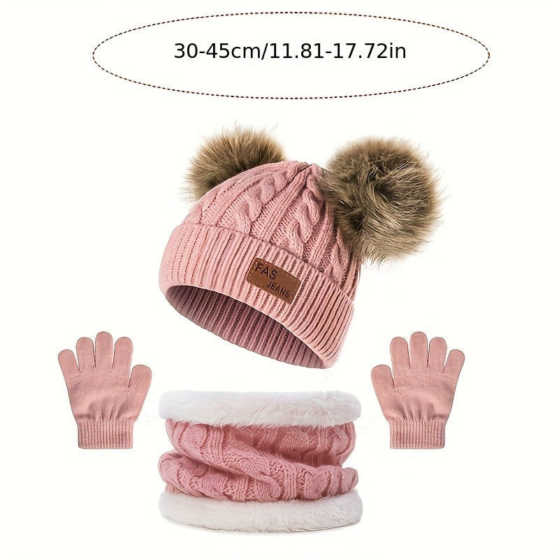 2pcs+1pair Autumn/Winter Knitted Hat, Neck Gaiter & Gloves Set With Fur Ball For Girls, Casual Going Out Beanie For Babies (1-3 Years)