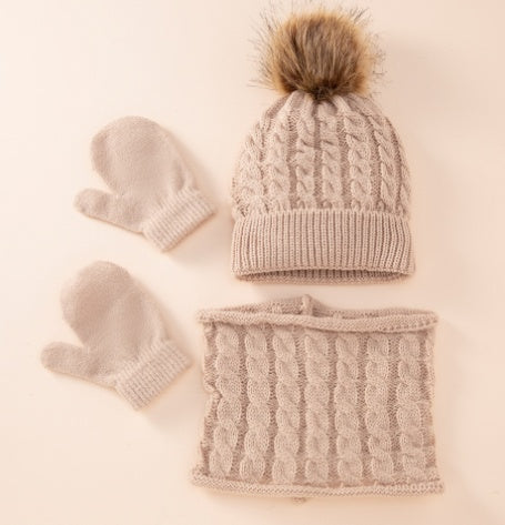 New Wool Single Color Twist Warm Children Hat Scarf Gloves