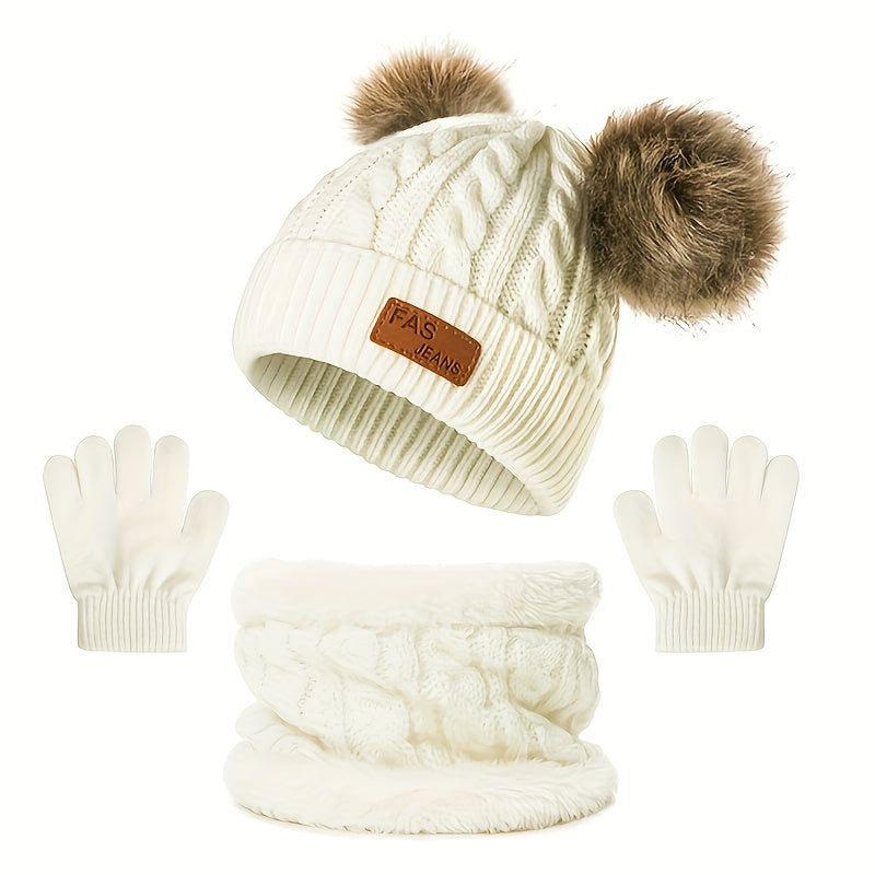 2pcs+1pair Autumn/Winter Knitted Hat, Neck Gaiter & Gloves Set With Fur Ball For Girls, Casual Going Out Beanie For Babies (1-3 Years)