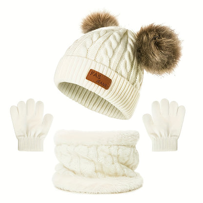 2pcs+1pair Autumn/Winter Knitted Hat, Neck Gaiter & Gloves Set With Fur Ball For Girls, Casual Going Out Beanie For Babies (1-3 Years)