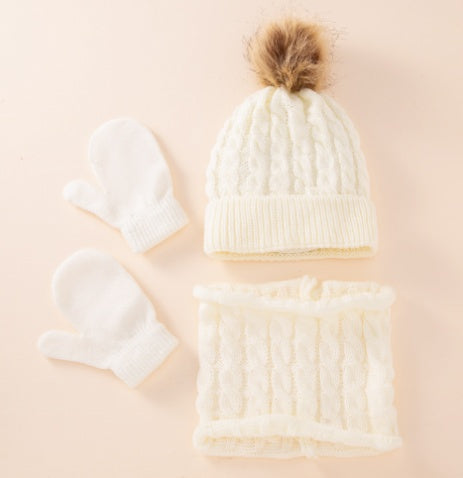 New Wool Single Color Twist Warm Children Hat Scarf Gloves
