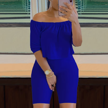 Sexy Solid Fashion Pantsuits Two-piece Set, Off Shoulder Short Sleeve Tops & Slim Shorts Set - Women's Clothing -