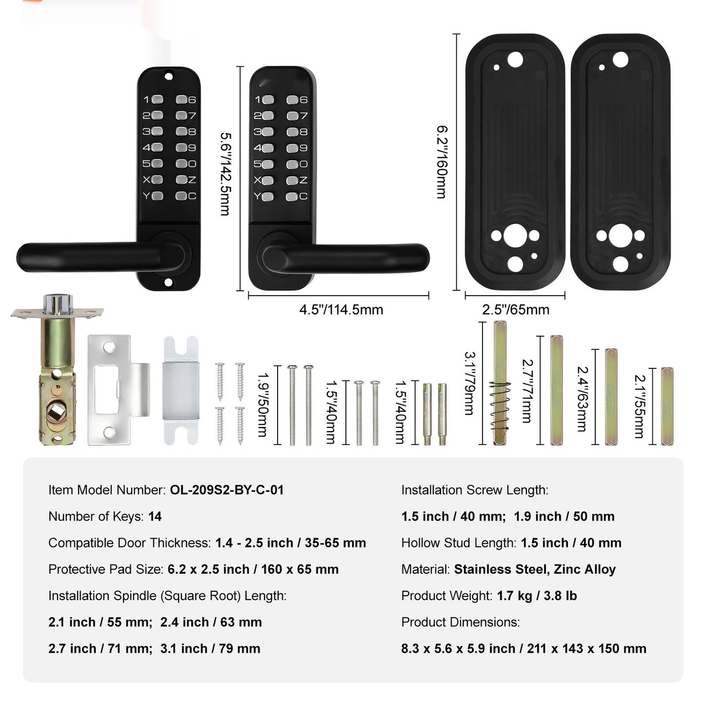 Mechanical Keyless Entry Door Lock, 14 Digit Keypad, Double-sided Embedded Outdoor Gate Door Locks Set With Keypad And Handle, Water-proof Zinc Alloy, Easy To Install, For Garden, Yard, Garage