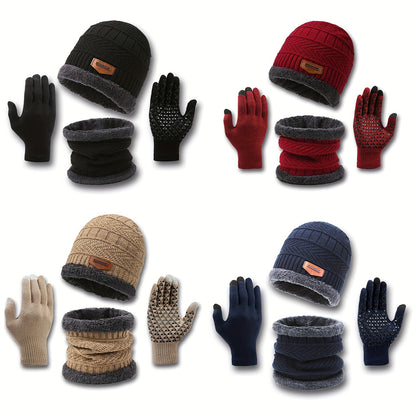 2 Pcs Plus 1 Pair Winter Beanie Set - Men's Warm Knitted Accessories - Snow Hat, Scarf, and Gloves Combo for Cold Weather