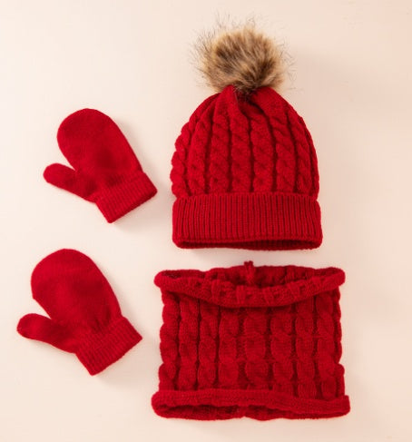 New Wool Single Color Twist Warm Children Hat Scarf Gloves