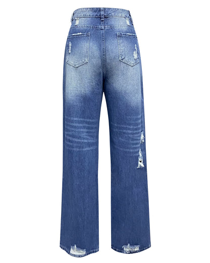 Ripped Jeans Loose Wide Leg Denim Pants Leisure Commuting Trousers Women's Clothing