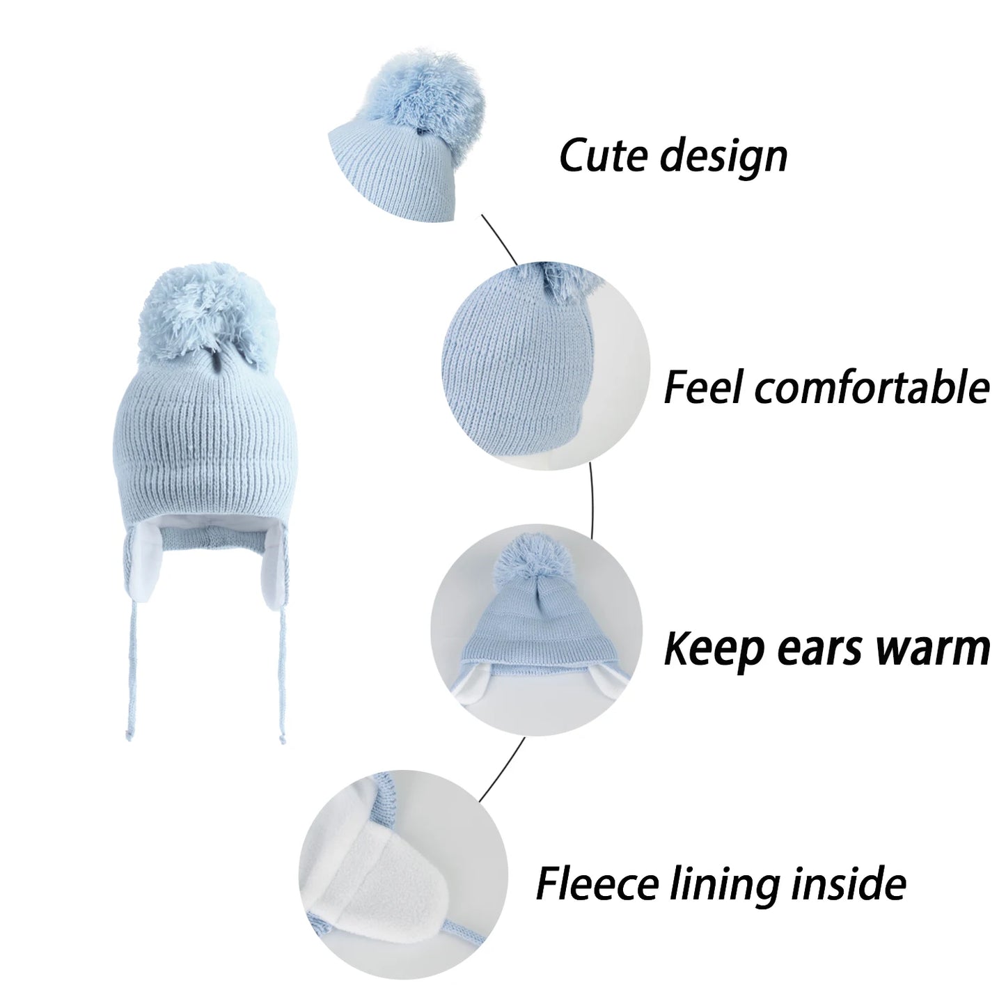 Winter Warm Knitted Baby Hats for Girls Pom Pom Kid Toddler Boys Beanies Cap with Fleece Lining