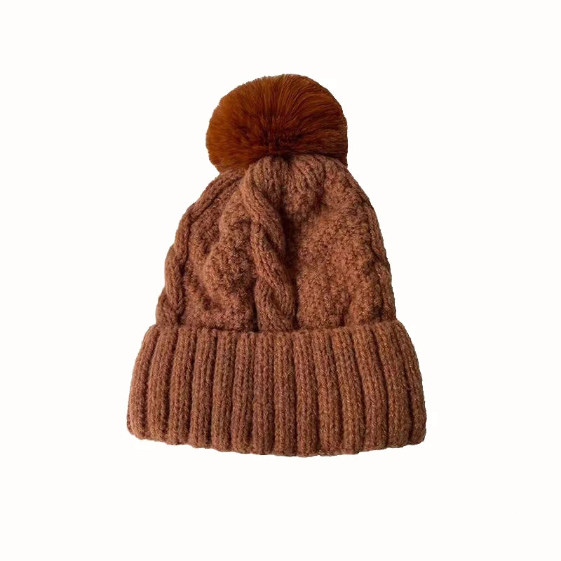 New Winter Twist Knitting Hat For Women Fur Pompom Thick Plush Cap Beanie Solid Color Ladies Warm Ski Snow Skullies Beanies