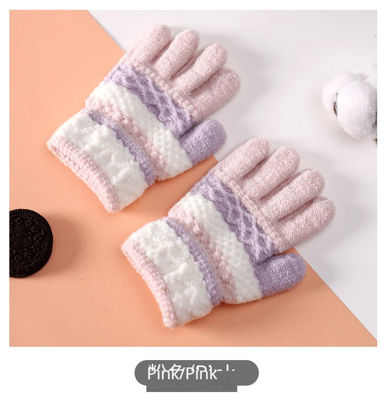 Autumn and Winter Children's Warm Gloves 3-8 Year Old Boys and Girls Thickened Striped Knitted Full Finger Gloves