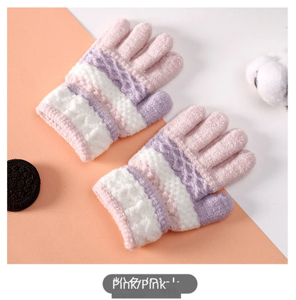 Autumn and Winter Children's Warm Gloves 3-8 Year Old Boys and Girls Thickened Striped Knitted Full Finger Gloves