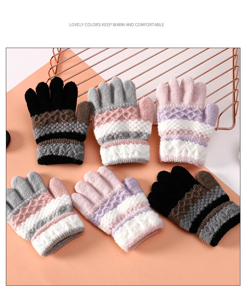 Autumn and Winter Children's Warm Gloves 3-8 Year Old Boys and Girls Thickened Striped Knitted Full Finger Gloves