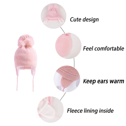 Winter Warm Knitted Baby Hats for Girls Pom Pom Kid Toddler Boys Beanies Cap with Fleece Lining