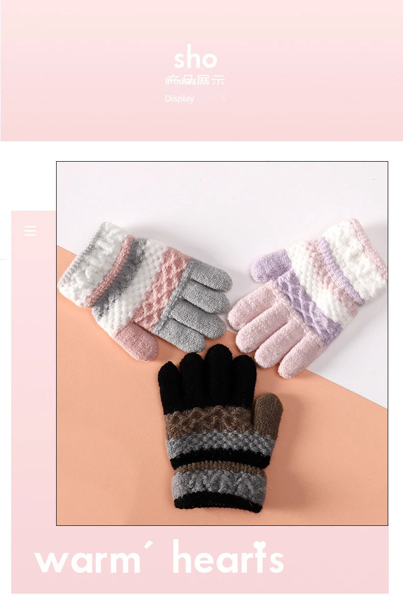 Autumn and Winter Children's Warm Gloves 3-8 Year Old Boys and Girls Thickened Striped Knitted Full Finger Gloves